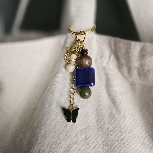 Blue Beaded Keychain with Black Butterfly and Heart Charms - Picture 1 of 8